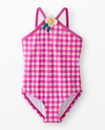 One-Piece Gingham Flower Swimsuit