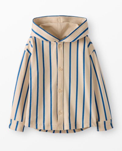 French Terry Hooded Striped Button Up Shirt