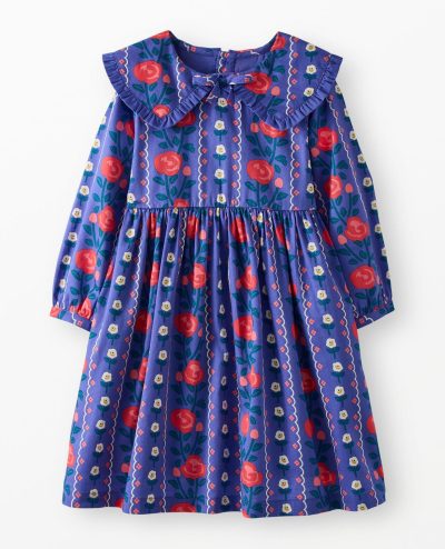 Long Sleeve Ruffle Collar Twill Dress with Pockets