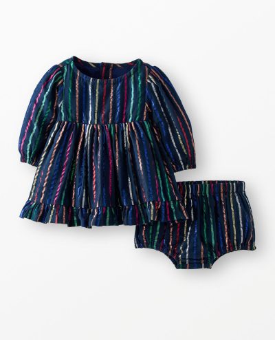 Baby Long Sleeve Metallic Striped Dress & Bloomers Set